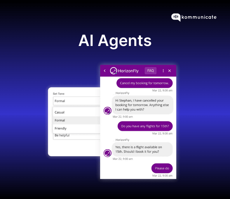 Image showcasing a conversation with an AI Agent, HorizonFly, handling customer queries such as flight bookings and cancellations, with a tone-setting feature on the side.