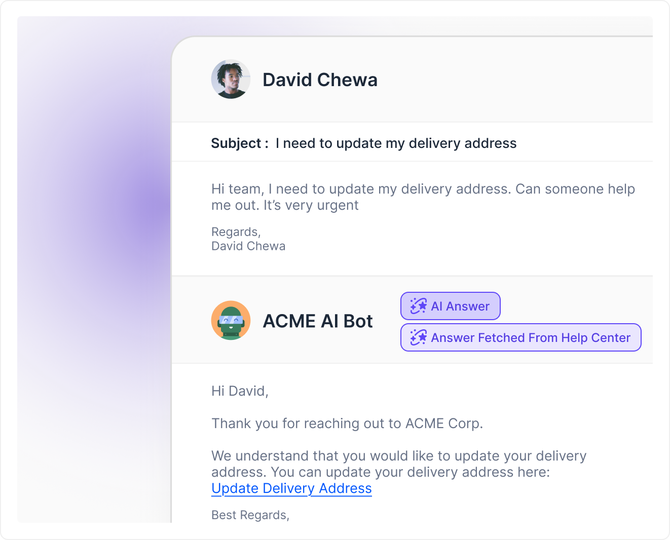 Screenshot of an AI email ticketing system showing an automated response to a customer asking to update their delivery address