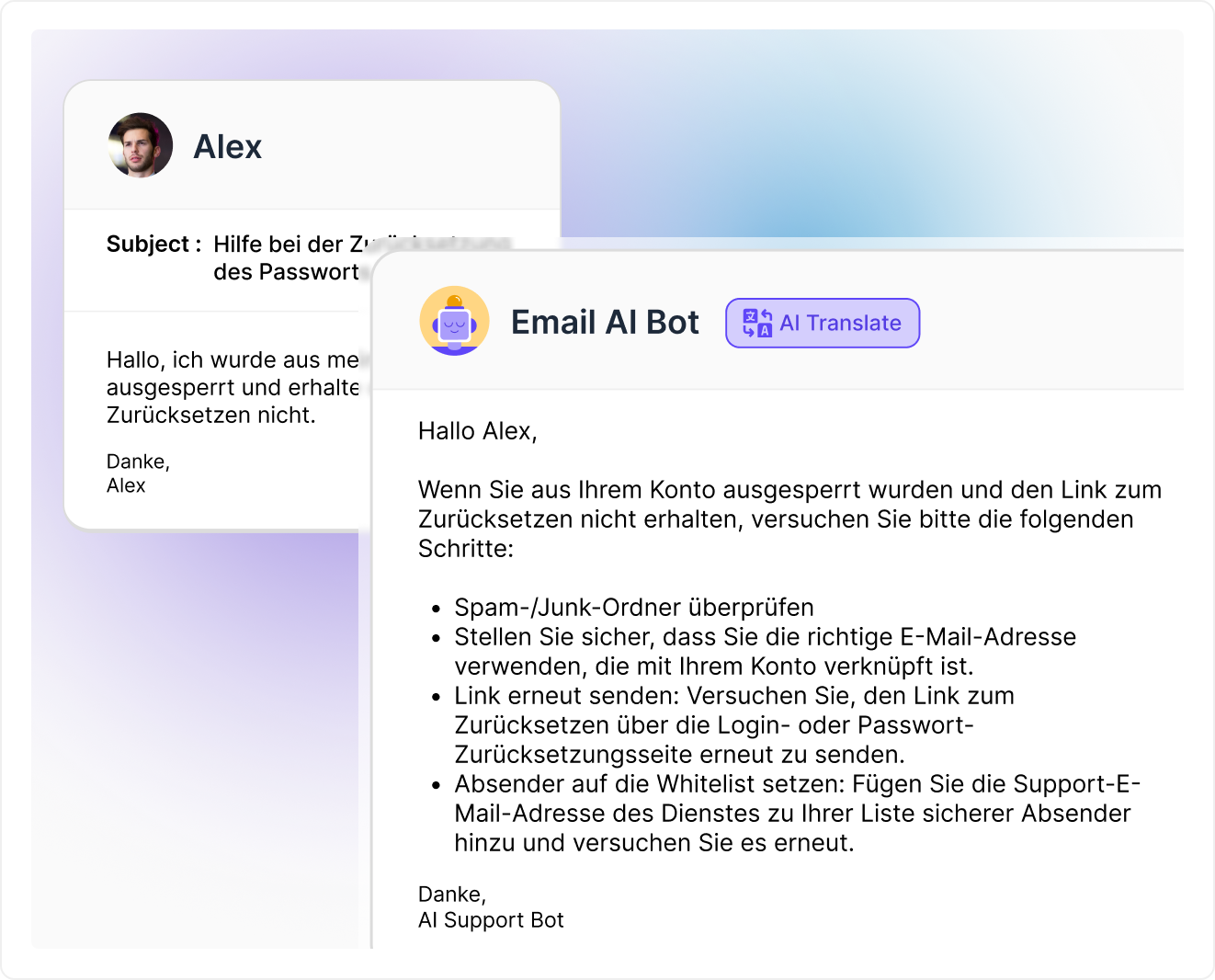 Screenshot of an AI email ticketing system in German, with a customer requesting password help and the AI providing automated troubleshooting steps