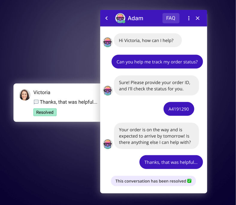 Chatbot conversation illustrating AI resolution rate, where customer Victoria requests order tracking help. The AI chatbot provides details, resolves the issue, and marks the conversation as complete.