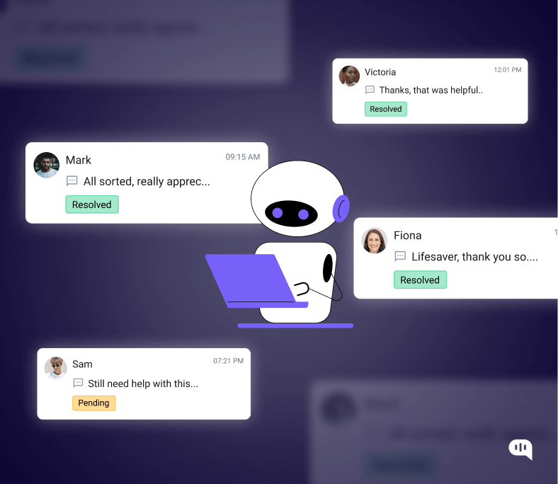 Chatbot illustration showing goal completion rate through resolved and pending messages from users like Mark, Victoria, and Fiona, with Sam’s message still pending resolution.