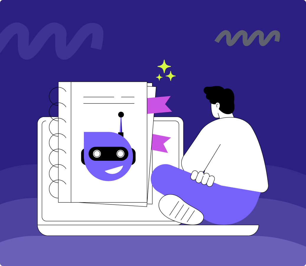 Illustration of a person sitting cross-legged next to a large laptop, with a book displaying a happy robot face icon propped against the laptop screen. The background features abstract wave shapes in shades of purple and dark blue. This image is the main banner for the content titled An Ultimate Guide to AI in Customer Service.