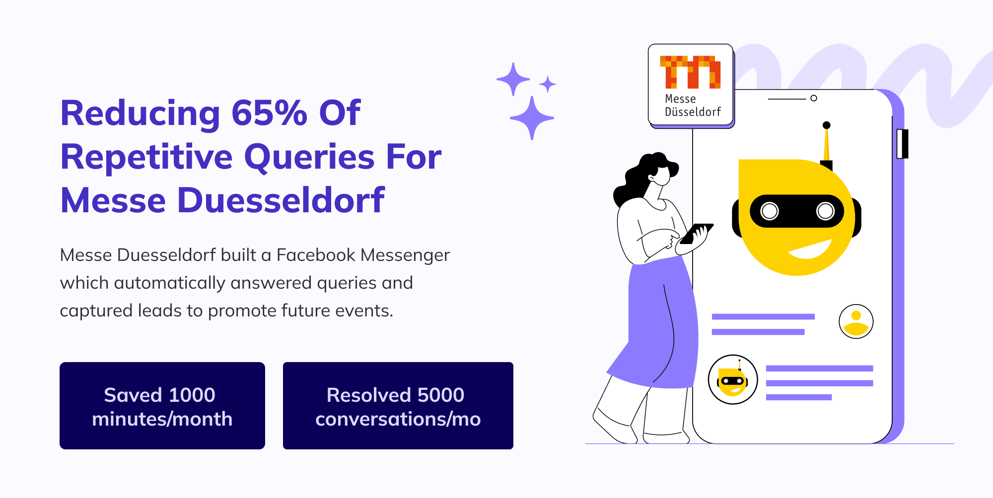 Graphic with the title 'Reducing 65% Of Repetitive Queries For Messe Duesseldorf' on the left side of this AI in Customer Service guide, detailing how Messe Duesseldorf built a Facebook Messenger bot to automatically answer queries and capture leads for future events. Below the text, two highlighted stats are 'Saved 1000 minutes/month' and 'Resolved 5000 conversations/mo'. On the right side, an illustration depicts a person holding a tablet next to a large smartphone screen displaying a cheerful yellow robot face.